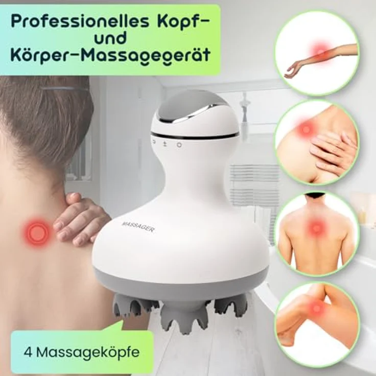 Casativo Massagegerät 3D Kopf- & Körper-Massagegerät, 4 Massageköpfe, mobil, Akku, ölbeständig, IPX7, bis zu 2,5 Std. Laufzeit – Bild 4