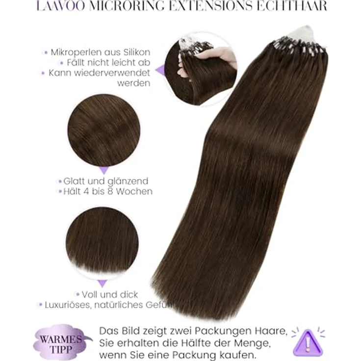 LaaVoo Microring Extensions Echthaar Dunkelbraun 45cm, 50g, wiederverwendbar, hitzestylingfähig, unsichtbare Mikroperlen – Bild 2