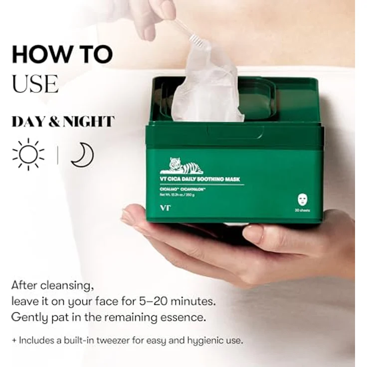 VT COSMETICS CICA Tägliche Beruhigende Maske, 30 Stück, mit Centella Asiatica & Hyaluronsäure, feuchtigkeitsspendend, hautberuhigend & strahlend – Bild 5