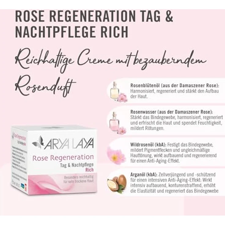 ARYA LAYA Rose Regeneration Tag & Nachtpflege RICH, 50 ml – Anti-Aging Creme mit Rosenblütenöl, ideal für sehr trockene Haut und Couperose, vegan – Bild 3