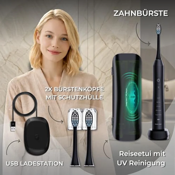 Tristan Auron Schallzahnbürste Business Class - Schallzahnbürste mit UV-Case & 2 Aufsätzen – Sonic Technologie – 60 Tage Akkulaufzeit – Ideal für Reisen & tägliche Anwendung (Schwarz) – Bild 8