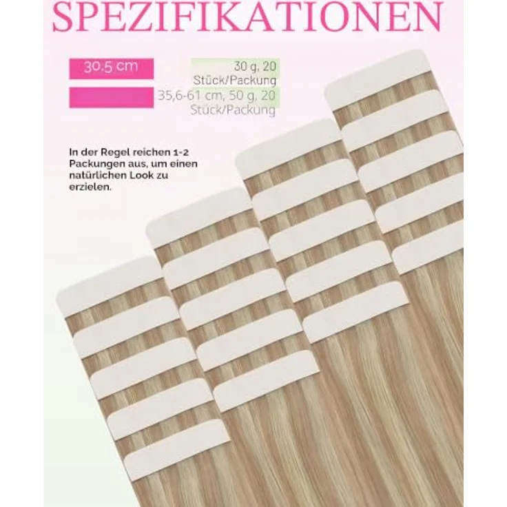 YoungSee Tape Extensions Echthaar 45cm 50g, Aschblond Strähnchen, langlebiger Halt mit Walker Tape, inklusive Ersatzklebebänder – Bild 3