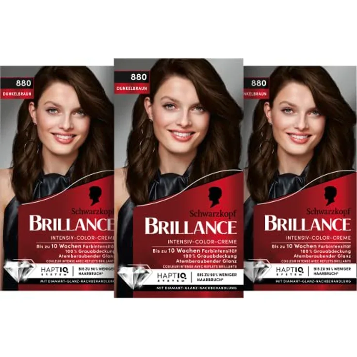 Brillance Intensiv-Color-Creme 880 Dunkelbraun Stufe 3 (3 x 160 ml), dauerhafte Haarfarbe mit Diamant-Glanz-Effekt & Pflege-Conditioner, 10 Wochen Farbintensität