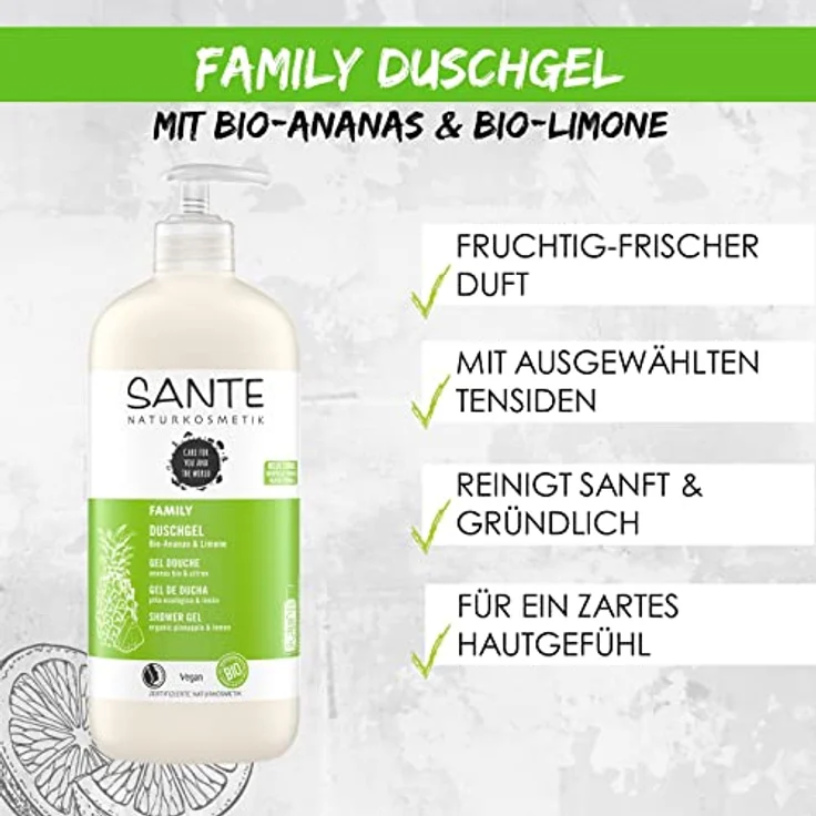 SANTE Naturkosmetik Erfrischendes Duschgel mit Zitrusduft, Feuchtigkeitsspendende Duschpflege für geschmeidige Haut in Familiengröße, Mit Bio-Ananas und Limone, Family Duschgel, 1 x 950 ml – Bild 3