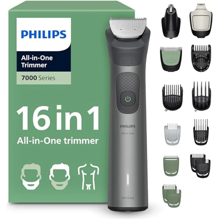 PHILIPS Multigroom Series 7000 MG7931/15, 16-teiliger Barttrimmer und Haarschneider mit selbstschärfenden Metallklingen, 21 Längeneinstellungen (0,5-16 mm) für Gesicht, Kopf und Körper – Bild 1