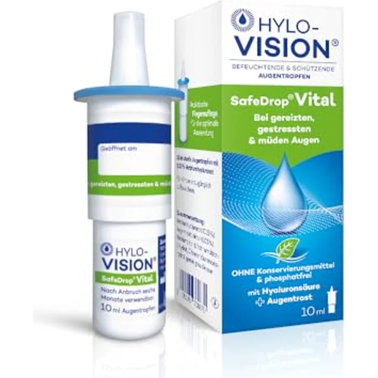 Hylo-Vision SafeDrop Vital Augentropfen – Bei gereizten, gestressten & müden Augen, Benetzung & Befeuchtung mit Hyaluronsäure & Augentrost, konservierungsmittelfrei, geeignet bei Kontaktlinsen, 10 ml – Bild 1