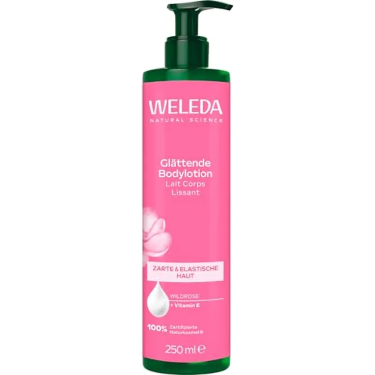 WELEDA Bio Glättende Bodylotion Wildrose, Naturkosmetik mit Jojobaöl & Aprikosenkernöl, 24h Feuchtigkeit für samtig glatte Haut (vegan, 250ml)