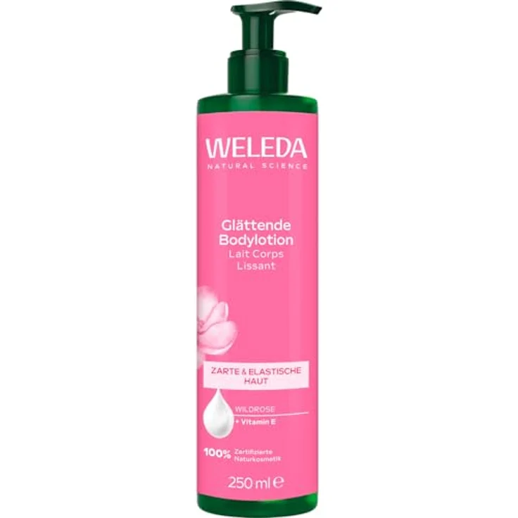 WELEDA Bio Glättende Bodylotion Wildrose, Naturkosmetik mit Jojobaöl & Aprikosenkernöl, 24h Feuchtigkeit für samtig glatte Haut (vegan, 250ml) – Bild 1