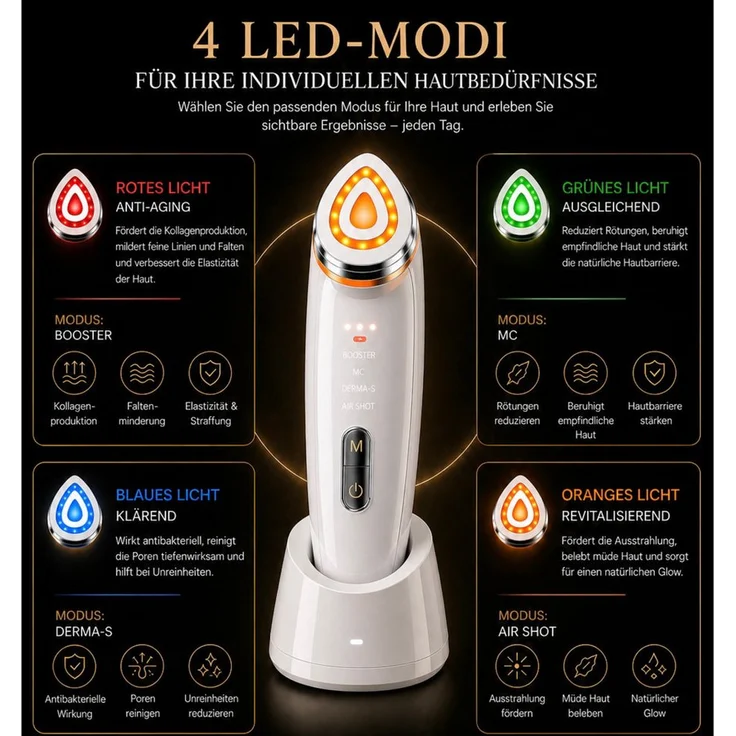 Lalano`S Cosmetics Lumina Glow 6-in-1 Gesichtsmassagegerät, Anti-Aging mit 4 Modi, LED Lichttherapie, EMS, Mikrostrom, Lifting, für alle Hauttypen