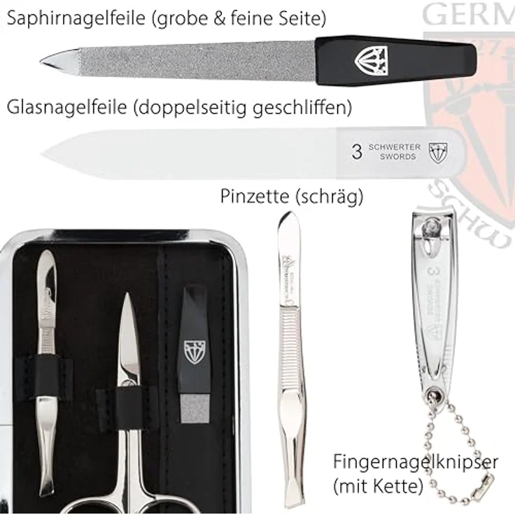 DREI SCHWERTER Maniküreset 'Genova' 6-tlg. im schwarzen Echtlederetui | Nagelschere, Hautschere, Nagelknipser, Glasnagelfeile, Pinzette, Saphirnagelfeile – Bild 3