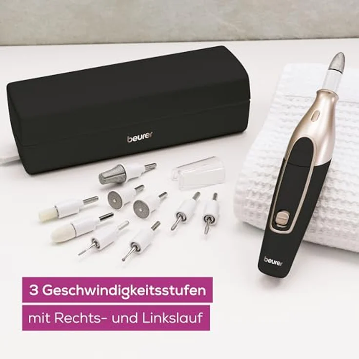 Beurer MP 84 Special Edition Maniküre-/Pediküreset, elektrische Nagelfeile mit Akku, 10 Aufsätze, LED-Licht, inkl. Aufbewahrungsetui, bis zu 4400 U/min, Nagelfräser zur Hand- und Fußpflege, schwarz – Bild 5