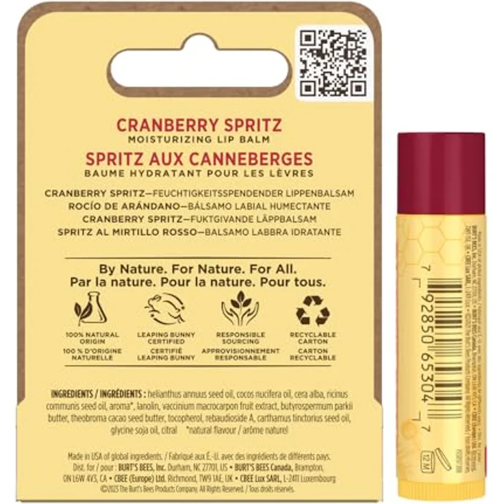 Burt's Bees Lip Balm Cranberry Spritz, 4,25 g, 100% natürliche Inhaltsstoffe mit Bienenwachs und Sheabutter – Bild 2