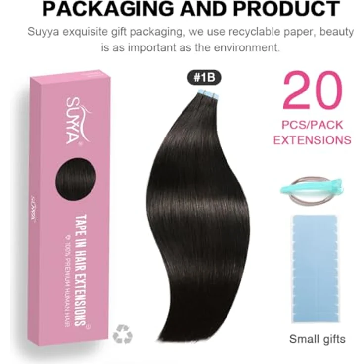 SUYYA Tape Extensions Echthaar, Invisible Tape in Extensions 20 Zoll, 50g Remy Echthaar, seidig glatt, #1B Natürliches Schwarz, 20 Stück – Bild 2