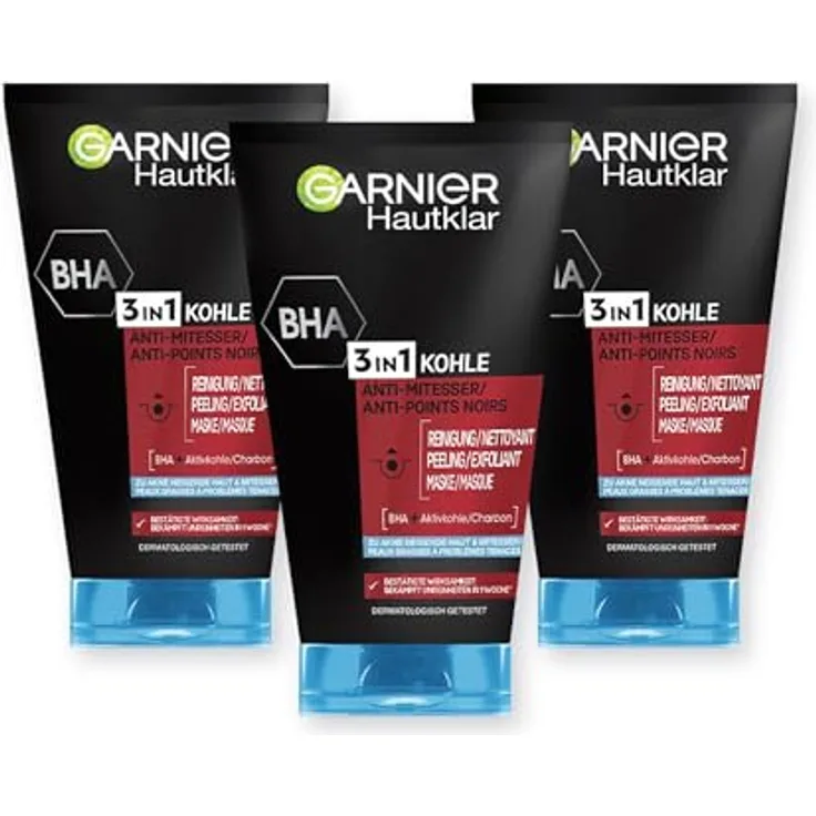 Garnier Hautklar 3 in 1 Gesichtsreinigung für unreine Haut, Anti-Mitesser Reinigung, Peeling und Maske, Mit Kohle, Blaubeerextrakt und Salizylsäure, Ohne Parabene - 3 x 150 ml