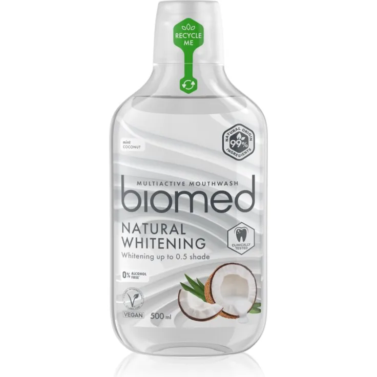 Biomed Natural Whitening Mundspülung, 500 ml, Aufhellende Mundhygiene mit Kariesschutz und frischem Atem