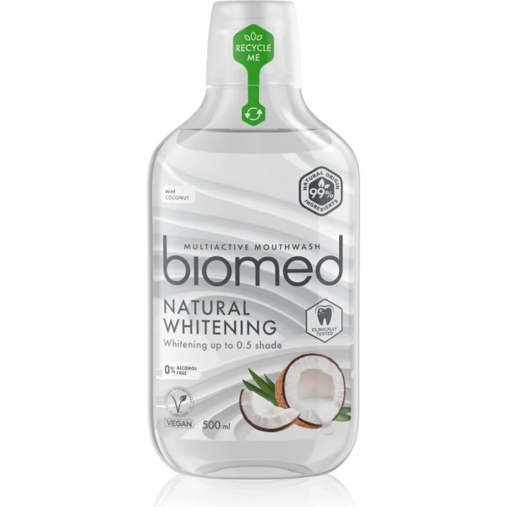 Biomed Natural Whitening Mundspülung, 500 ml, Aufhellende Mundhygiene mit Kariesschutz und frischem Atem