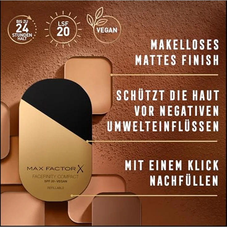 Max Factor Facefinity Refillable, mattierendes Kompakt-Make-up mit SPF 20, Farbton 008 Toffee, 10 g – Bild 6
