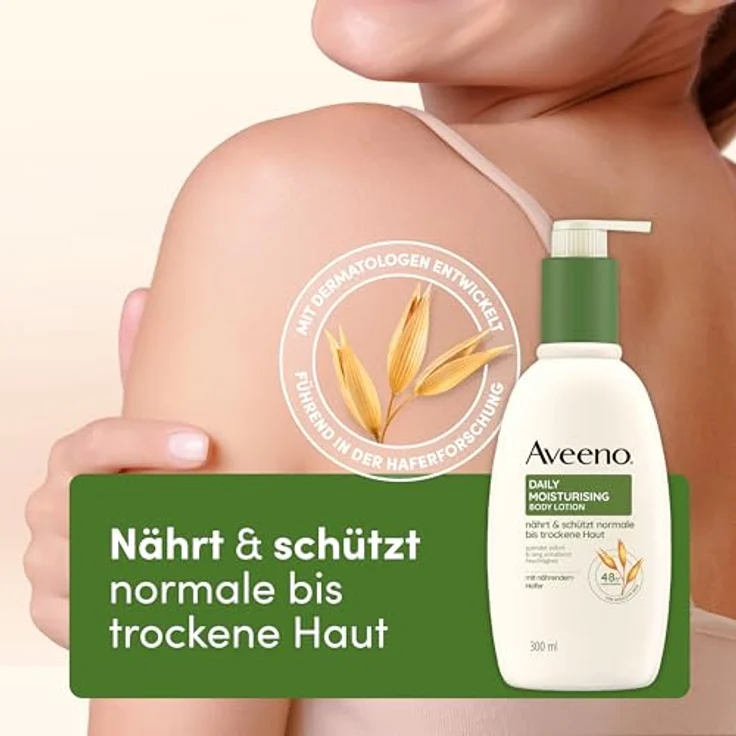Aveeno Daily Moisturising Feuchtigkeitsspendende Bodylotion, parfümfrei, 300 ml, beruhigender Hafer, normale bis trockene, empfindliche Haut – Bild 2