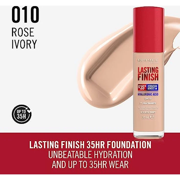 Rimmel London Lasting Finish 35 Hour, 010 Rose Ivory Foundation, langanhaltend, feuchtigkeitsspendend, vegane Formel, volle Deckkraft, 30 ml – Bild 2