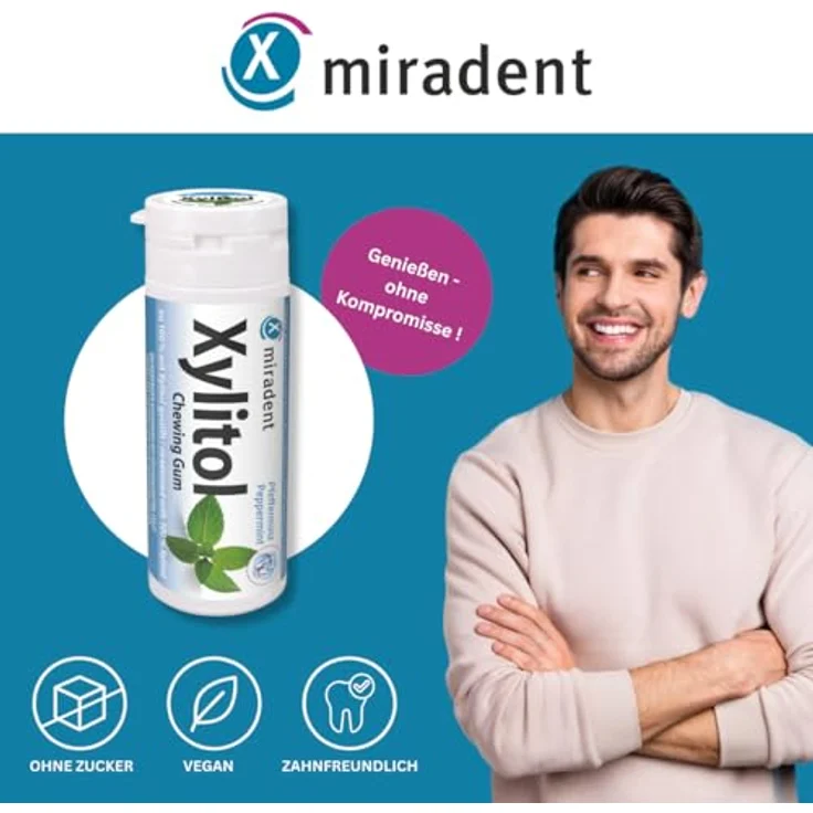 Miradent Xylitol Zahnpflege-Kaugummi Pfefferminz 30 Stück, Verminderung von Plaque-Ablagerungen am Zahn – Bild 5