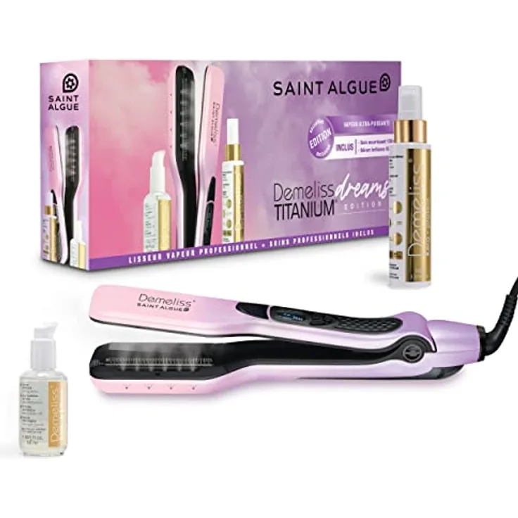 Demeliss SAINT ALGUE TITANIUM DREAM EDITION, Haarglätter mit schwimmenden Platten, Titanbeschichtung, ultrastarkem Dampf, integriertem XL-Tank 40ml und abnehmbarem Kamm