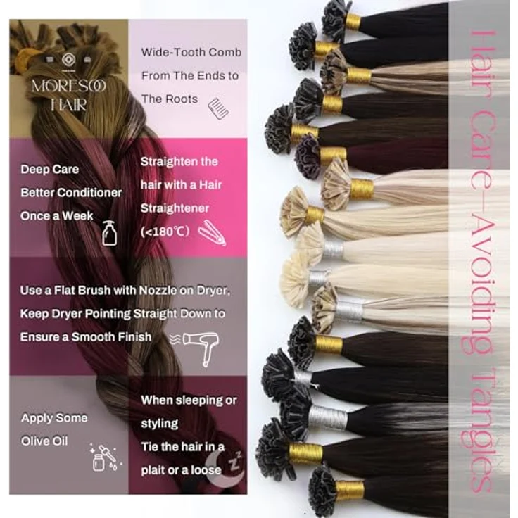 Moresoo Keratin Bonding Extensions, Echthaar Nahtlos, Dunkelbraun, 40 cm, 50g, Italienischer Keratinbonding für unsichtbares Finish – Bild 4
