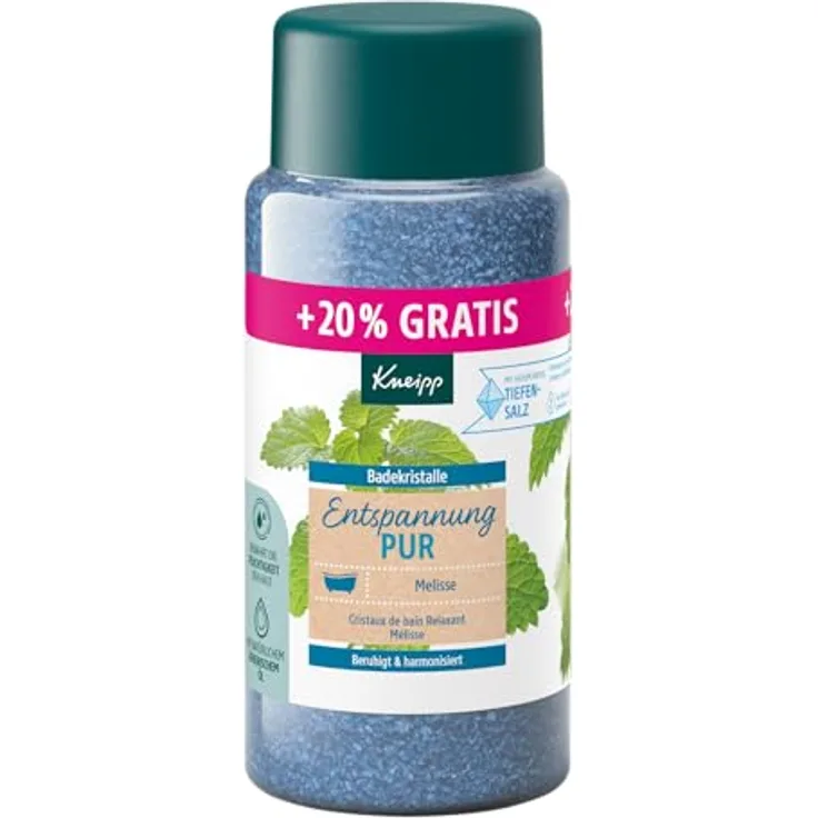 Kneipp Badekristalle Entspannung Pur -Sondergröße- mit naturreinem Tiefensalz der Saline Luisenhall und ätherischem Öl der indischen Melisse und Extrakt der Zitronenmelisse, limitierte Edition, 720g