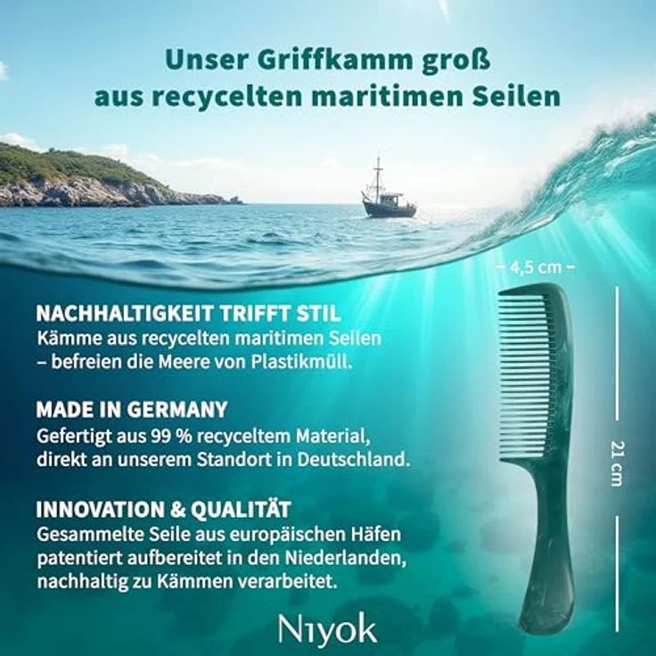 Niyok Haarkamm mit Griff, 99% aus recycelten maritimen Seilen, sanft zu Haar und Kopfhaut, Made in Germany – Bild 4