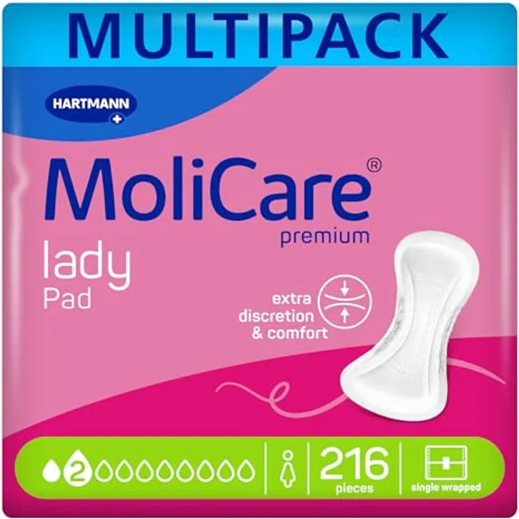 MoliCare lady Pad 2 Tropfen, diskrete Inkontinenzeinlagen für Frauen, dünn, flexibel, ohne Duftstoffe, geruchsneutralisierend, 216 Stück