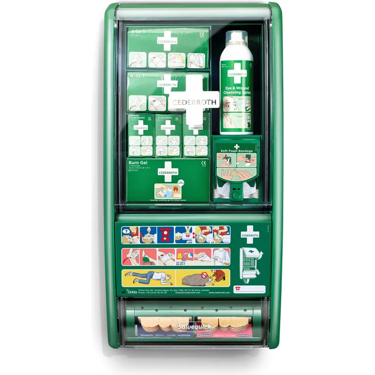 Cederroth Erste-Hilfe-Station, Komplettes Erste Hilfe Set mit Soft Foam Bandage Beige, inkl. Gips, Pflaster und Wundreinigungsspray, B 29 x H 56 x T 12 cm