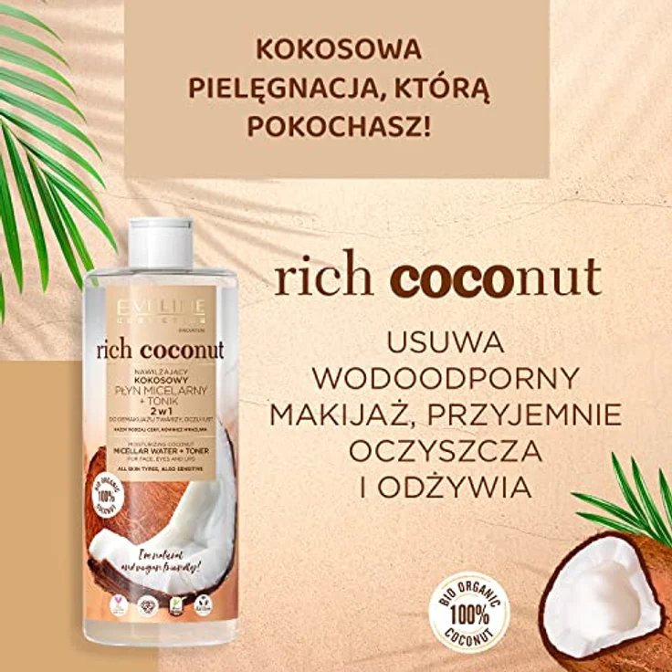 Eveline Cosmetics Rich Coconut, Feuchtigkeitsspendende Kokosmizellen-Flüssigkeit und Toner 2 in 1, 500 ml, mit bis zu 96% natürlichen Inhaltsstoffen – Bild 4