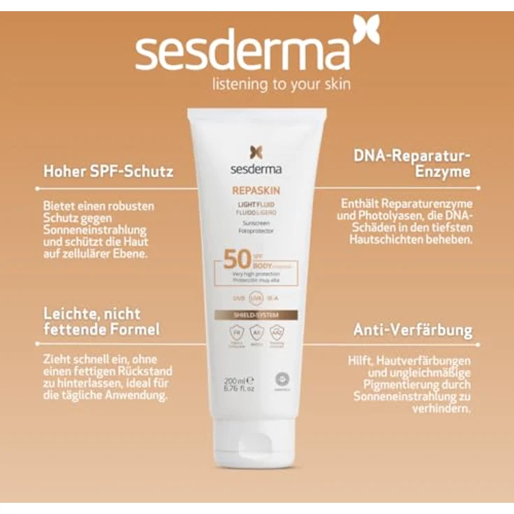 Sesderma Repaskin Light Fluid Körper-Sonnenschutz SFP50, 200 ml mit fortschrittlichem SHIELD SYSTEM und reparierenden Enzymen – Bild 2