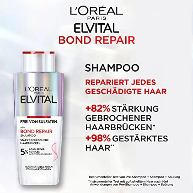 L'Oréal Paris Elvital Repair Shampoo für eine sanfte Reinigung, Mit Bond-Repair-Komplex und Zitronensäure, Für weniger Haarbruch und mehr Glanz, Sulfatfrei, Bond Repair, 1 x 200 ml – Bild 3