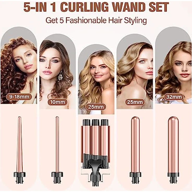BESTOPE PRO Lockenstab Set 5-in-1, 3 Keramikfässer für große Locken & Wellen, schnelles Aufheizen, 2 Temperaturstufen, inklusive Hitzeschutzhandschuh & Clips, Dual Voltage – Bild 3
