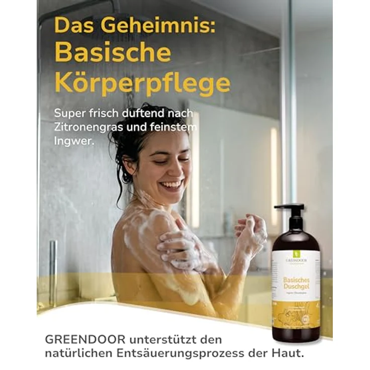 GREENDOOR Basisches Duschgel 500 ml Ingwer Zitronengras, pH 8,5, ohne SLS & Konservierungsstoffe, vegane Naturkosmetik mit Bio-Olivenöl & Bio-Kokosöl – Bild 2