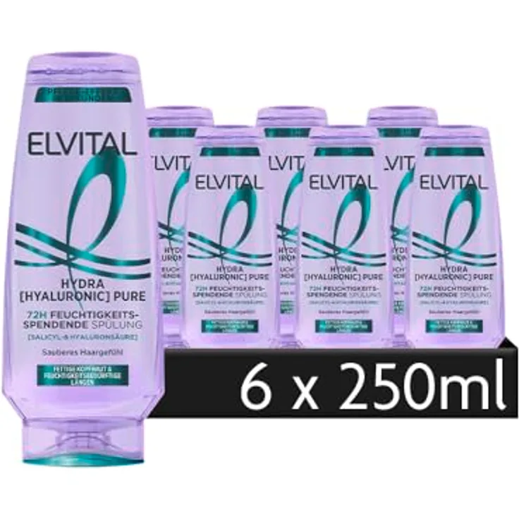 L'Oréal Paris Elvital Hydra Hyaluronic Pure, Feuchtigkeitsspendende Spülung mit Salicylsäure und Hyaluronsäure für fettige Kopfhaut und trockene Längen, 6 x 250 ml