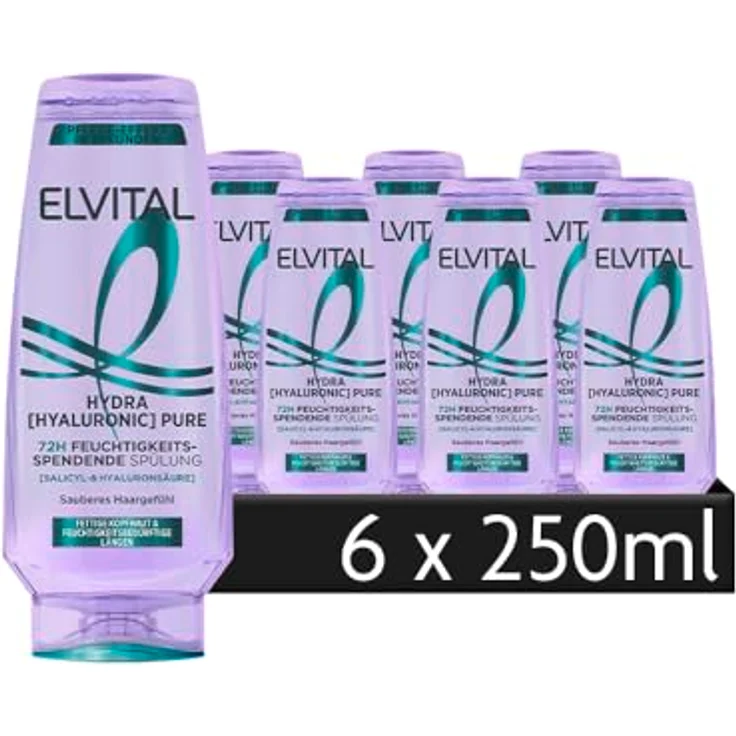 L'Oréal Paris Elvital Hydra Hyaluronic Pure, Feuchtigkeitsspendende Spülung mit Salicylsäure und Hyaluronsäure für fettige Kopfhaut und trockene Längen, 6 x 250 ml – Bild 1