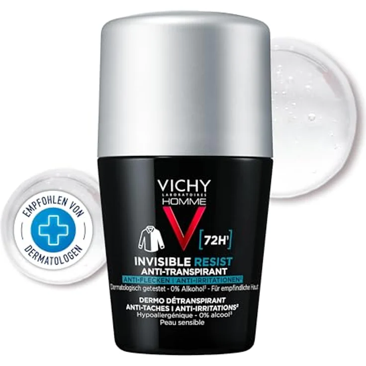 VICHY Vichy Homme Deo Roll-on 72h AT Invisible, Deo-Roll-on für Männer, Schweißhemmend, Besonders hautfreundlich, Keine Spuren auf der Kleidung, Ohne Alkohol, Für empfindliche Haut, 50 ml – Bild 1