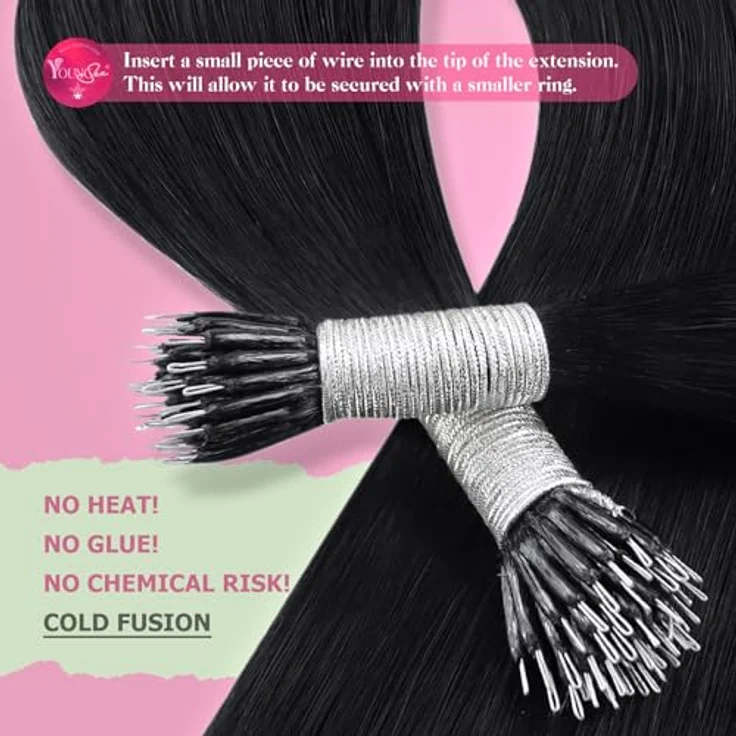 YoungSee Echthaar Nano-Ring Extensions, Schwarz, 40 cm, 50 g, schonende Anwendung für feines Haar, wiederverwendbar, unsichtbarer Übergang, pflegeleicht – Bild 4
