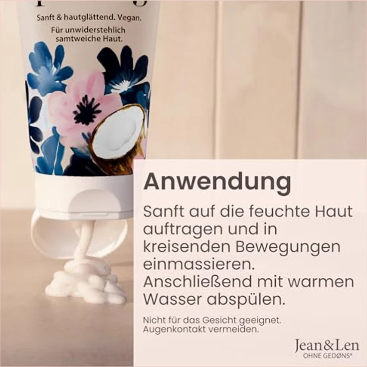Jean & Len Duschpeeling Hafermilch & Kokos, veganes Körperpeeling mit Kokosnussschalen, entfernt Hautschüppchen, 200 ml – Bild 4