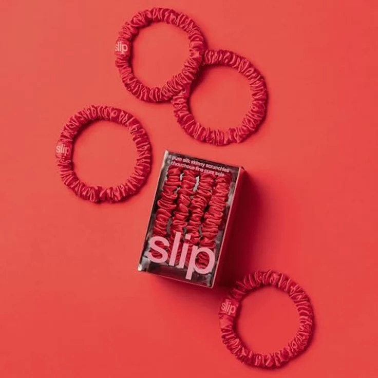 SLIP Skinny Scrunchies, Anti-Falten- und bruchsichere Slipsilk™-Haargummis, 4er Set aus reiner Seide, Rot – Bild 3