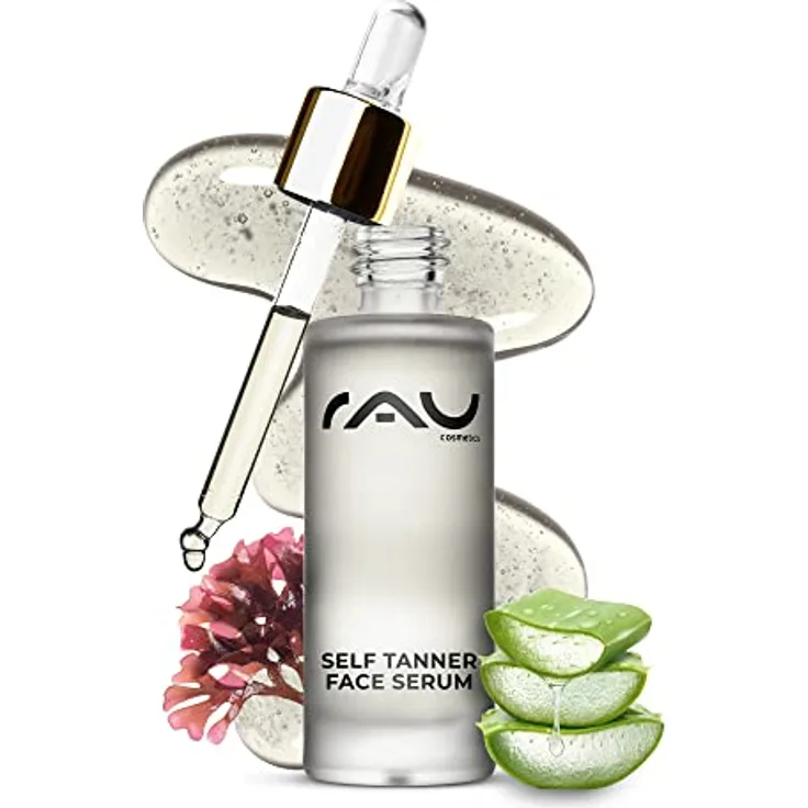 RAU Cosmetics Self Tanning Drops Self Tanner Face Serum 30 ml - Selbstbräuner Gesicht Tropfen mit Erythrulose, Dihydroxyaceton, Aloe Vera, Panthenol & Hyaluron für sanfte Bräune - Gesichtsbräuner