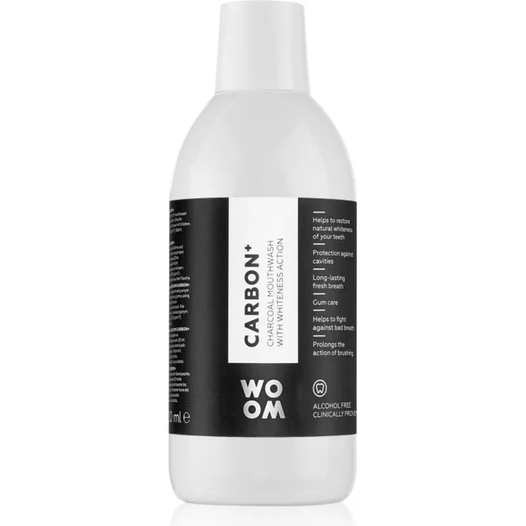 WOOM Carbon+ Mouthwash, bleichendes Mundwasser mit Aktivkohle, 500 ml zur Bekämpfung von Zahnbelag und Erfrischung des Atems