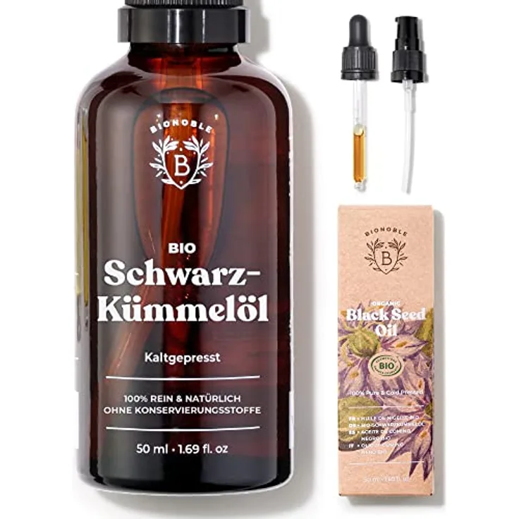 Bionoble Schwarzkümmelöl Bio 50ml - Glasflasche + Pipette + Pumpe - 100% Kaltgepresst und Ungefiltert - Gesicht, Körper, Haare - Ägyptisches Schwarzkümmel Öl - Vegan Organic Black Seed Oil