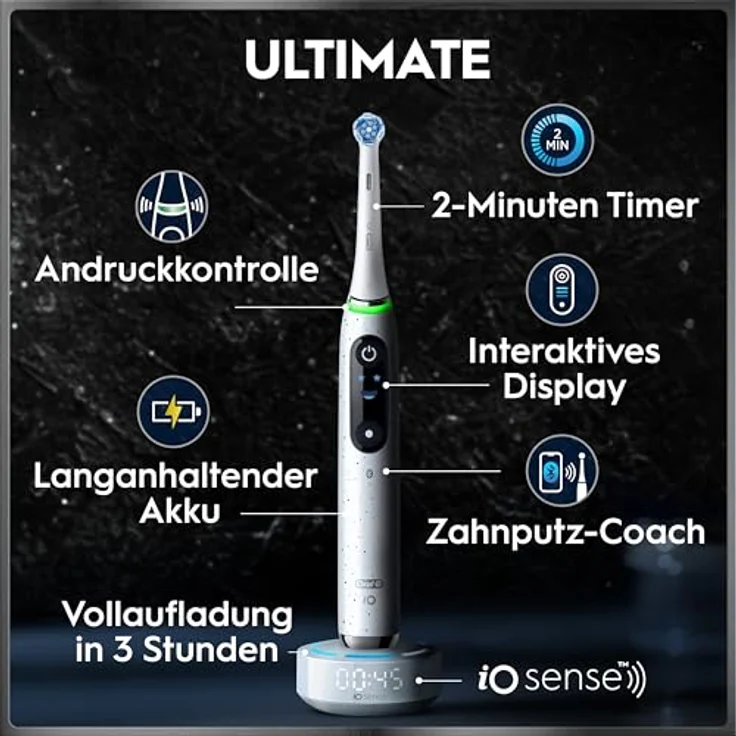 Oral-B iO Series 10 Elektrische Zahnbürste, inkl. 3 Aufsteckbürsten, iOsense Ladestation, Lade-Reise-Etui, 7 Putzmodi, Weiß – Bild 4