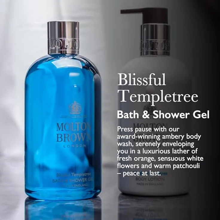 Molton Brown Blissful Templetree Bade- und Duschgel 300 ml, luxuriöser Schaum mit frischer Orange und Patchouli – Bild 3