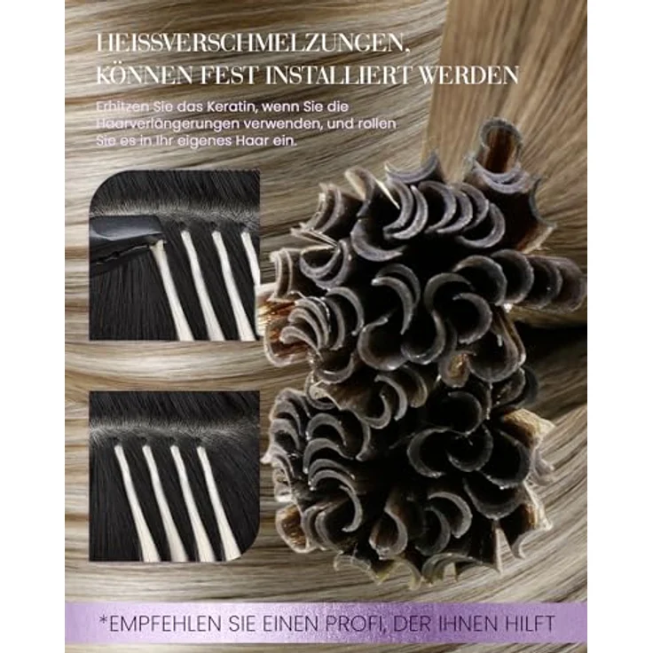 LaaVoo Bondings Extensions Echthaar U-Tip Hot Fusion, Ombre Braun zu Platinblond Balayage, 50cm, 50g, #8/60/8 – Bild 3