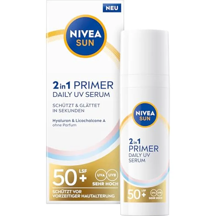 NIVEA SUN 2in1 Primer Daily UV Serum LSF 50+, parfümfreie Sonnencreme mit Hyaluron und Antioxidans, schnell einziehende Gesichtspflege, 30 ml