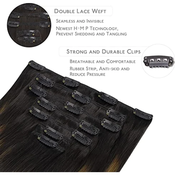 WENNALIFE Clip in Extensions Echthaar, 35cm 120g, 7pcs, Balayage Natürliches Schwarz bis Chestnut Braun, Remy Haarverlängerung – Bild 3