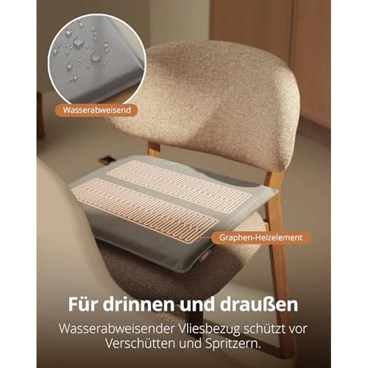 Duux Mellow Beheiztes Sitzkissen, Kabellos mit 3 Heizstufen, 10.000mAh Akku, Wasserabweisend & waschbar, Memory Foam, 40x40 cm, Grau – Bild 2